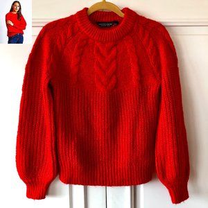 Dorothy Perkins Bright Red Cable Yoke Chunky Sweater with White Lurex Yarn XS